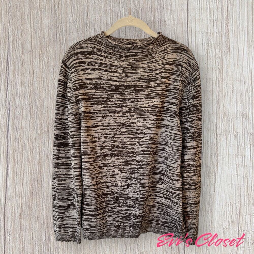 AK Anne Klein Women's Long Sleeve Brown Beige Crew Neck Pullover Sweater Sz L